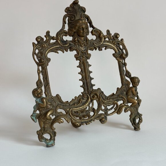 Antique Brass Cherub Double Picture Frame - Ornate Brass - Picture 9 of 9